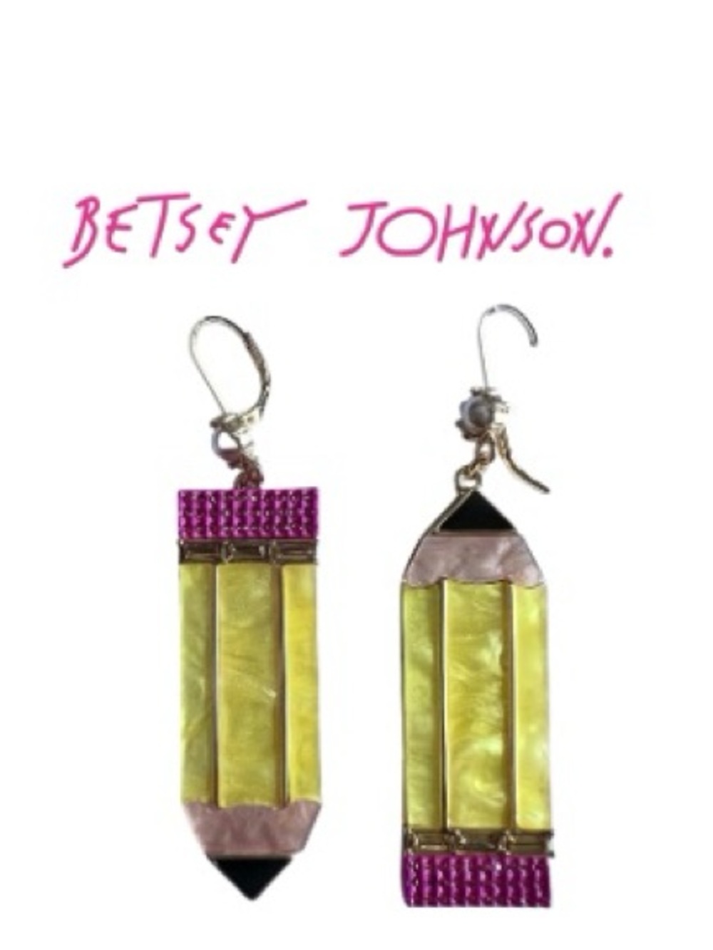 Betsey Johnson Yellow Pencil and Pink Eraser Dangle Earrings